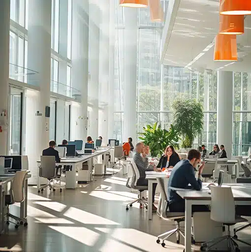 Bureau à aire ouverte avec employés travaillant à la lumière naturelle