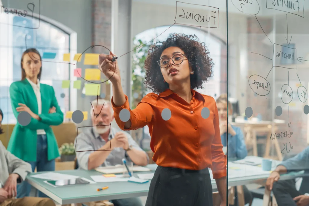 Réunion d’équipe — cheffe de projet dessinant un schéma sur un tableau de verre