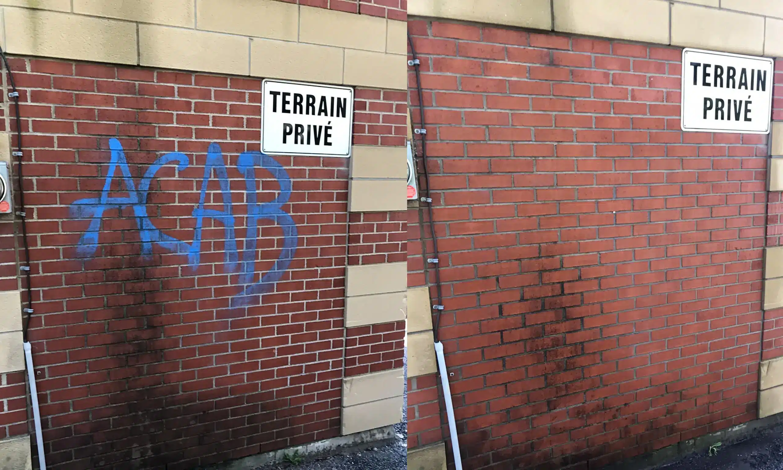 Graffiti bleu sur mur en brique sur un terrain privé - Nettoyage de graffiti par Océanick Nettoyage à Québec - Avant/Après