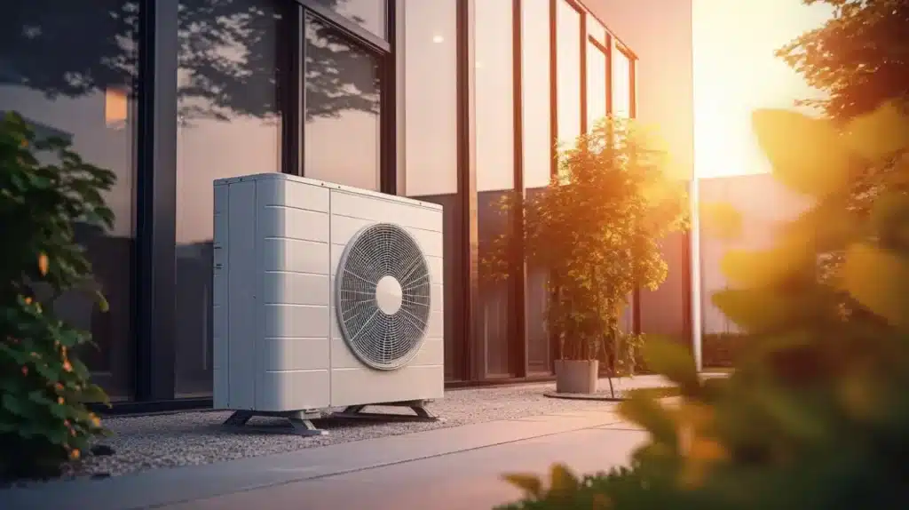 Thermopompe moderne installée à l’extérieur d’une maison au coucher du soleil. Nettoyage de thermopompe murale extérieure à Québec avec Océanick Nettoyage