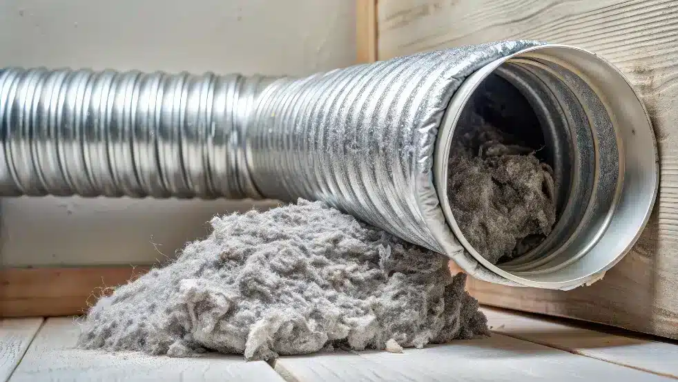 Conduit de sécheuse obstrué par des mottons de charpie — nettoyage de conduit de sécheuse à Québec avec Océanick Nettoyage