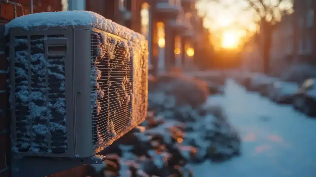 Thermopompe extérieure couverte de givre en hiver.