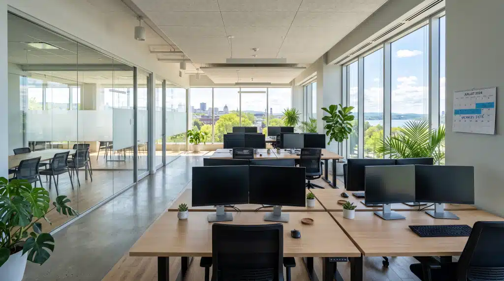 Bureaux modernes vides pendant les vacances d’été, prêts pour un nettoyage en profondeur à Québec.