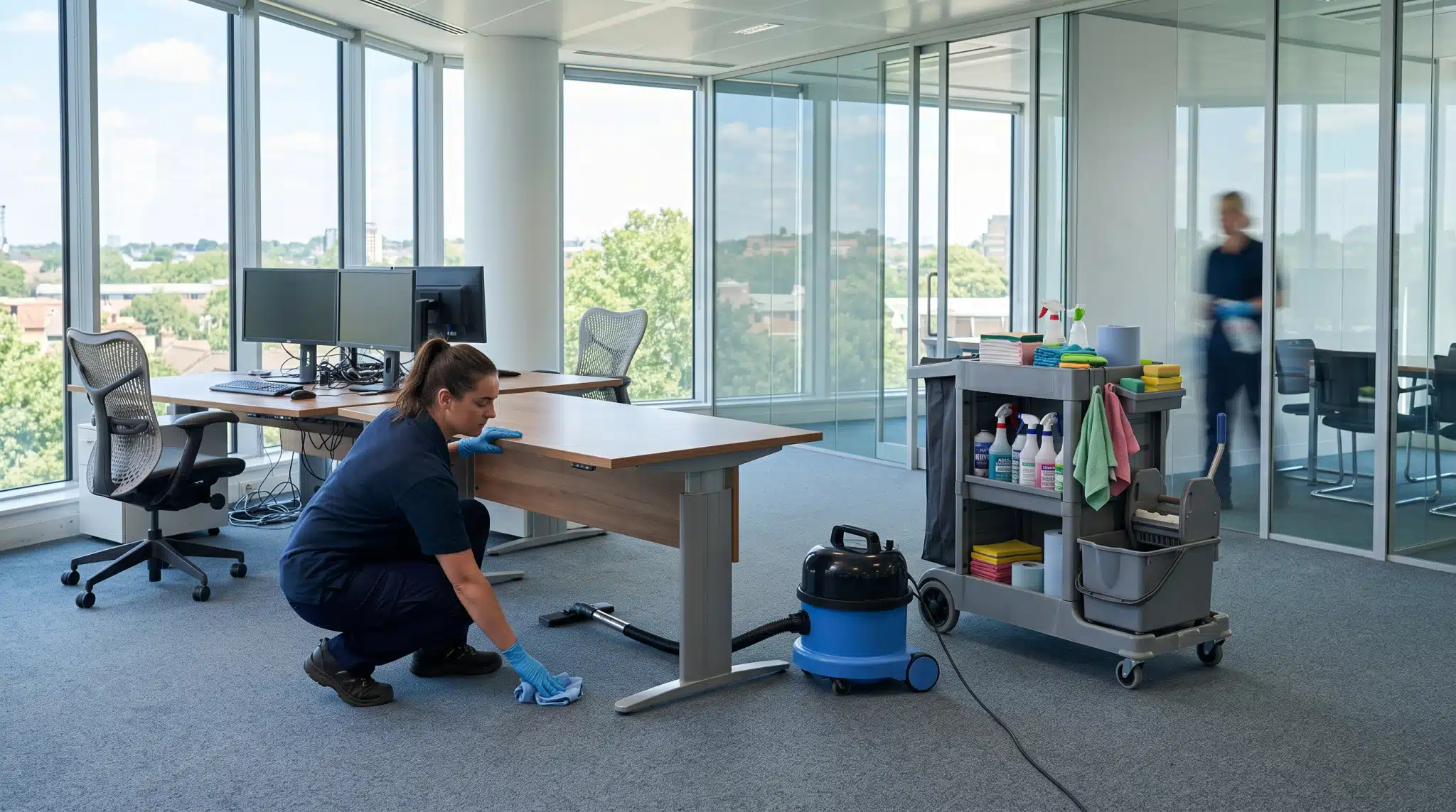 Technicien effectuant un nettoyage professionnel de bureaux pendant les vacances dans un espace de travail moderne.