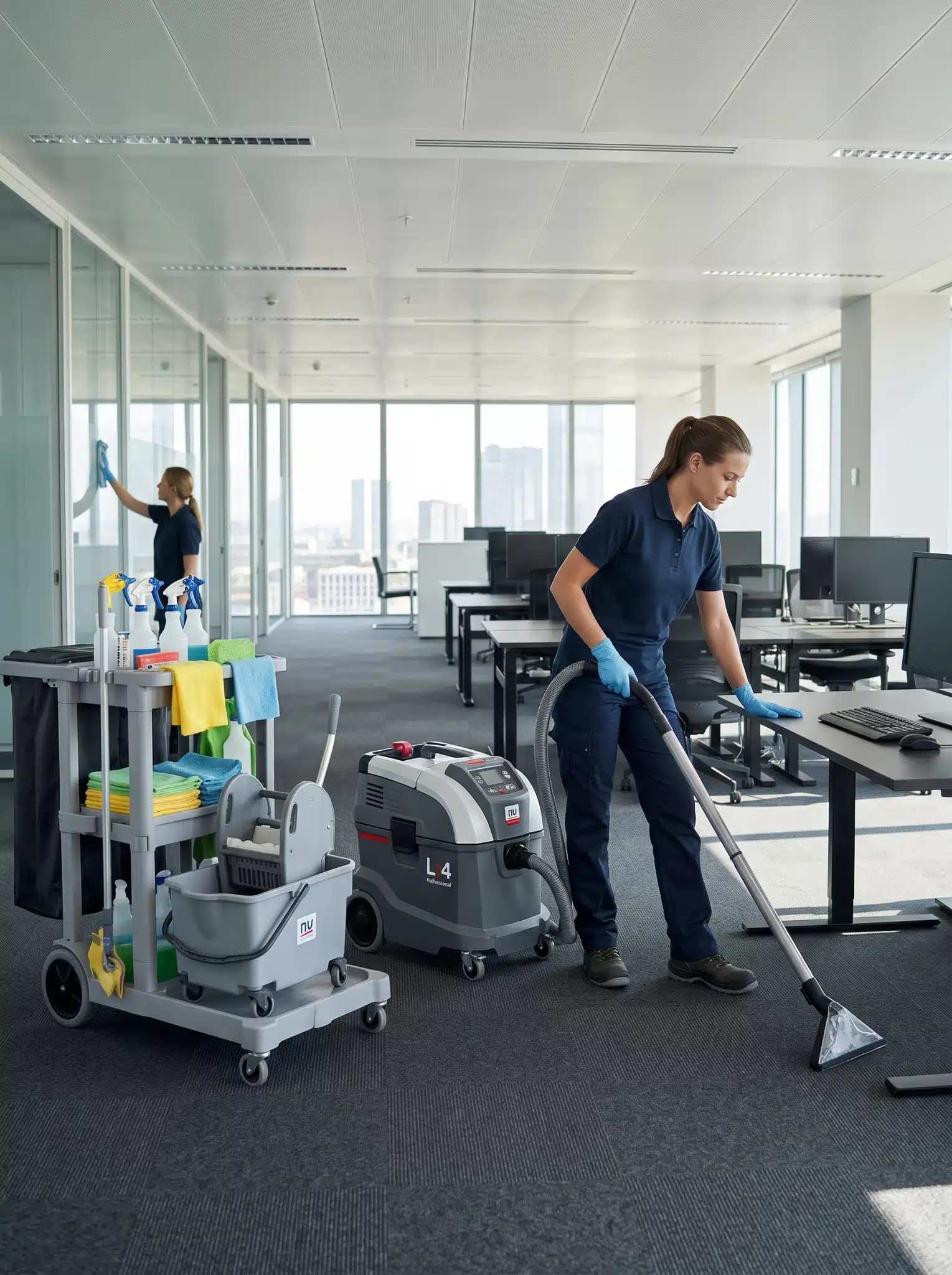 Technicien effectuant un nettoyage professionnel de bureaux pendant les vacances dans un espace de travail moderne.